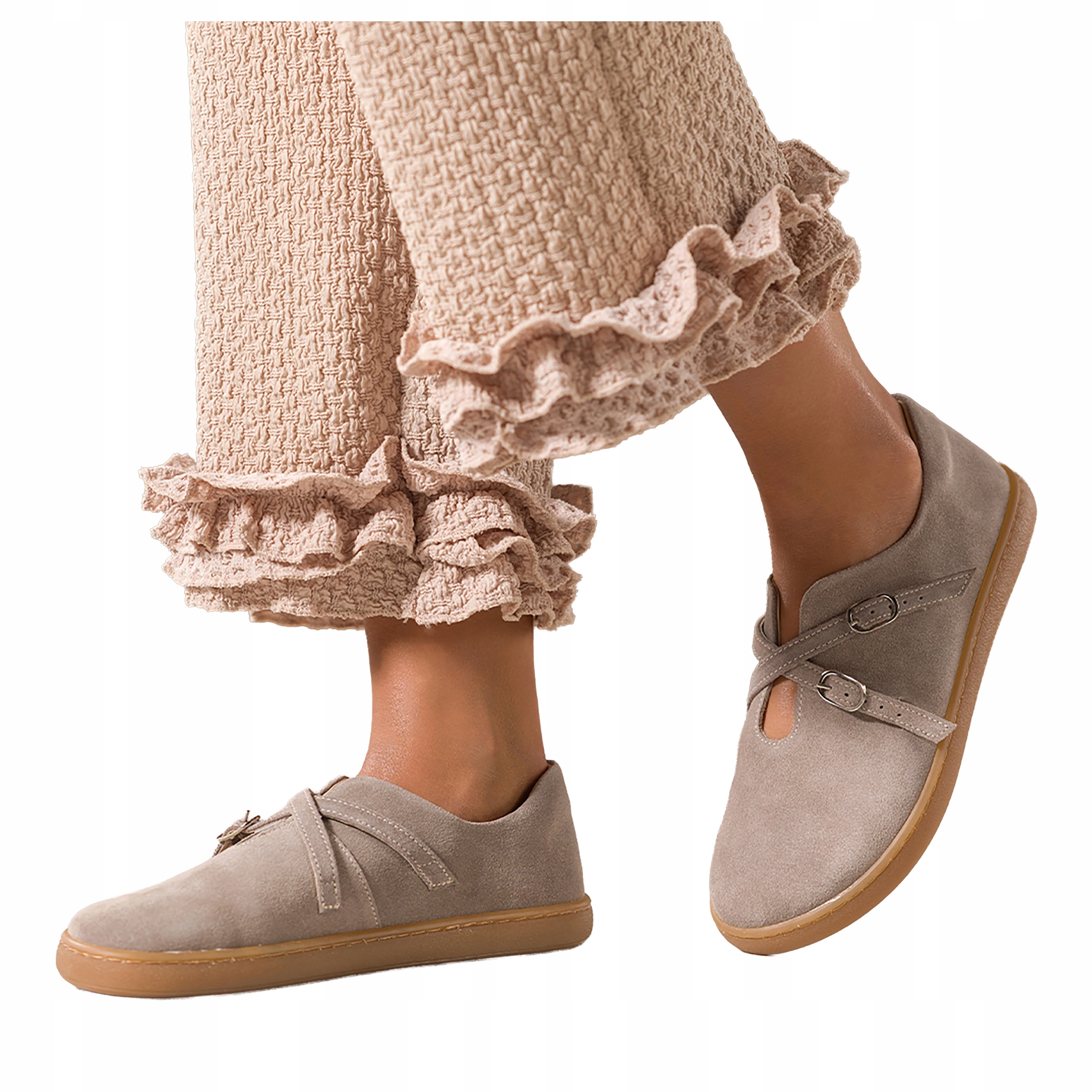 Baleríny Béžové Dámské Kožené Široké pásky s přezkami Barefoot r 39