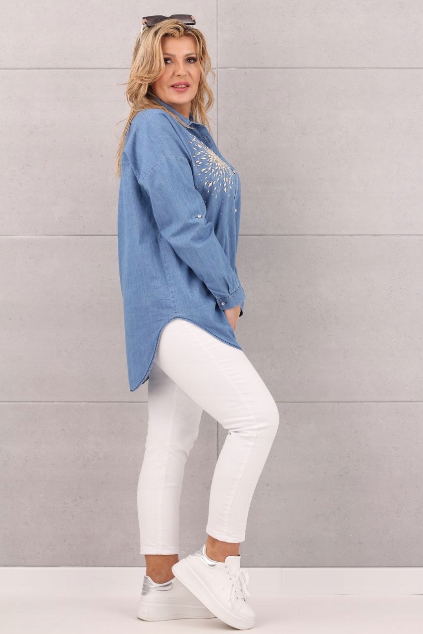 KOSZULA JEANSOWA DAMSKA DUŻE ROZMIARY ELEGANCKA DŁUGA OVERSIZE STYLOWA Kolor niebieski