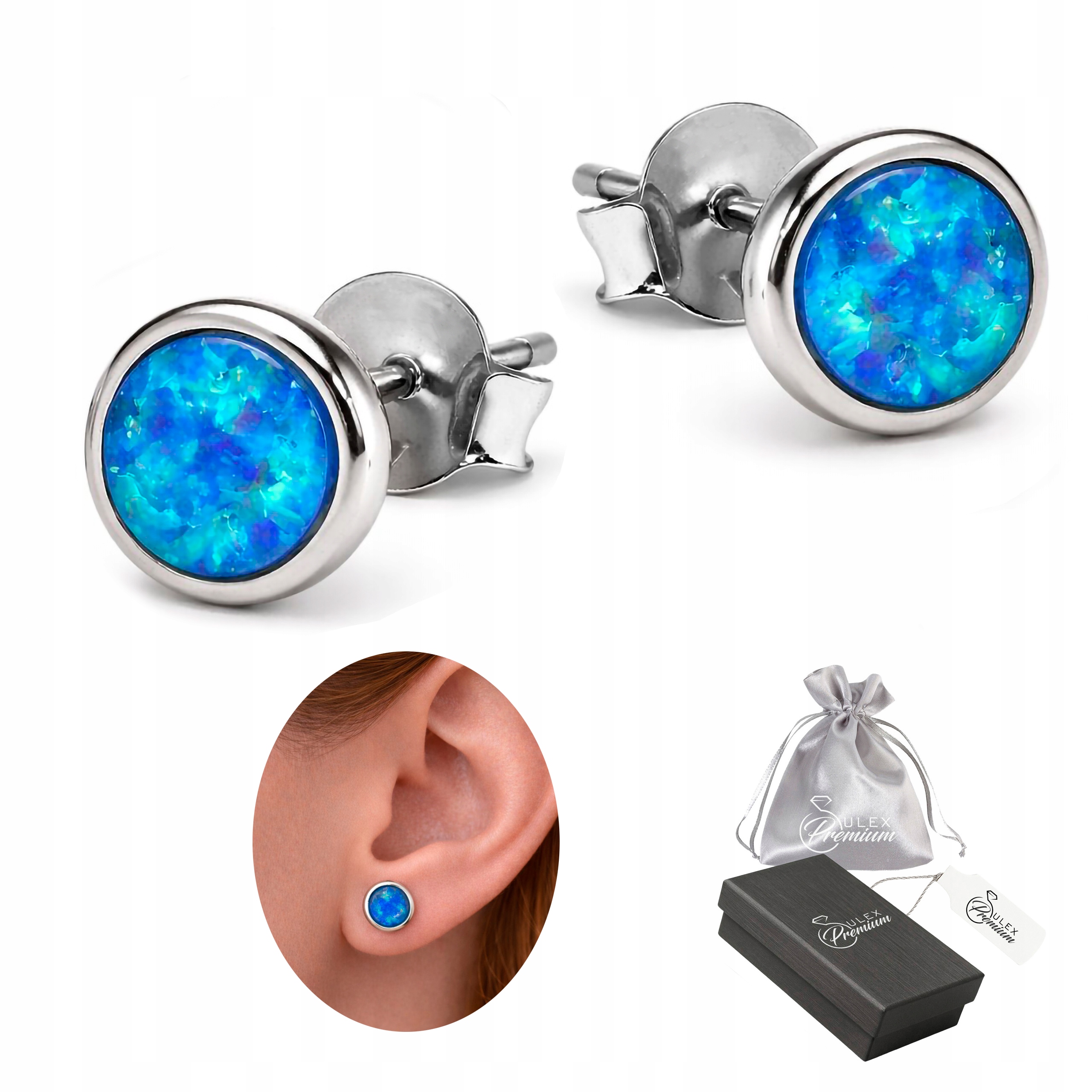 Dětské Stříbrné Náušnice ryzost 925 Kulaté Modré Opálové Rhodiované 7,5 mm