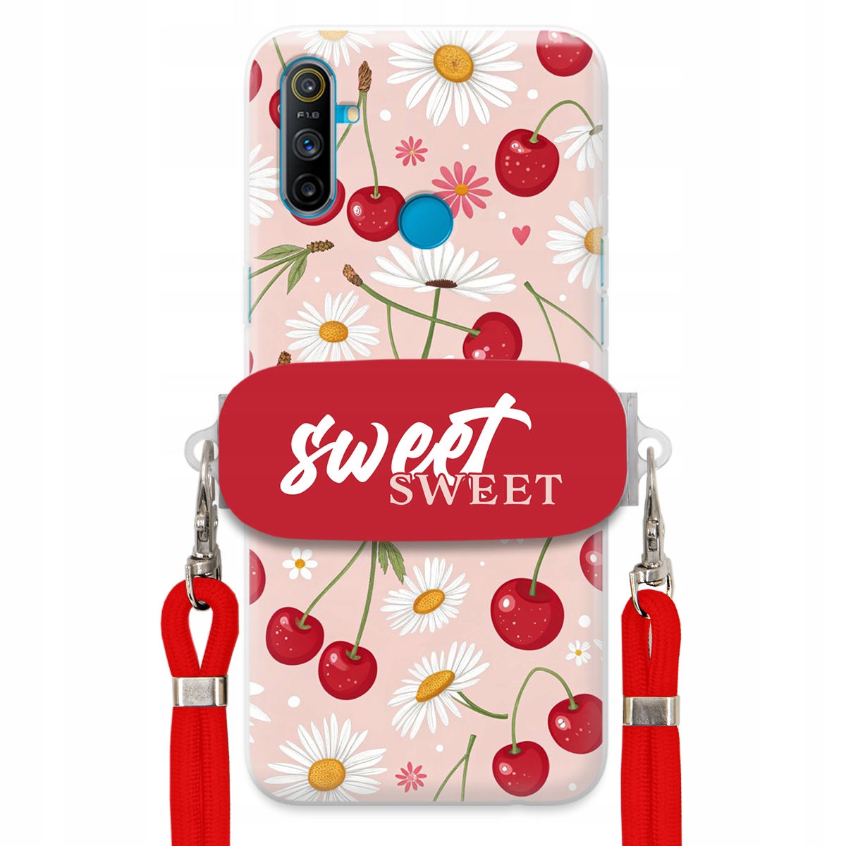 Puzdro pre Realme C3 Červené vodítko držiak Sweet Sweet Čerešňa a sedmokráska