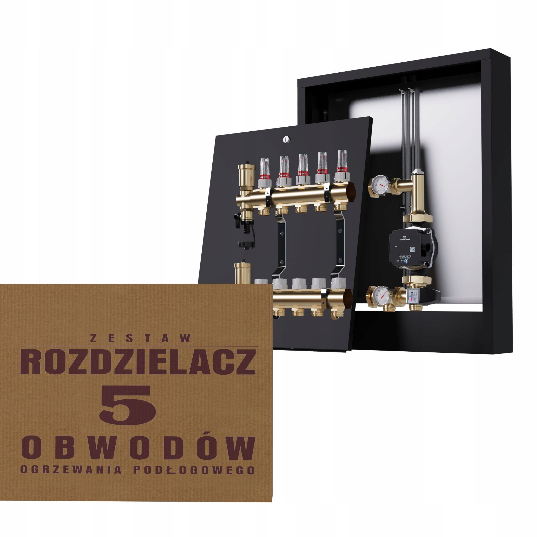 Rozdělovač pro podlahu 5 okruhů a čerpadlo Grundfos nástěnný černý