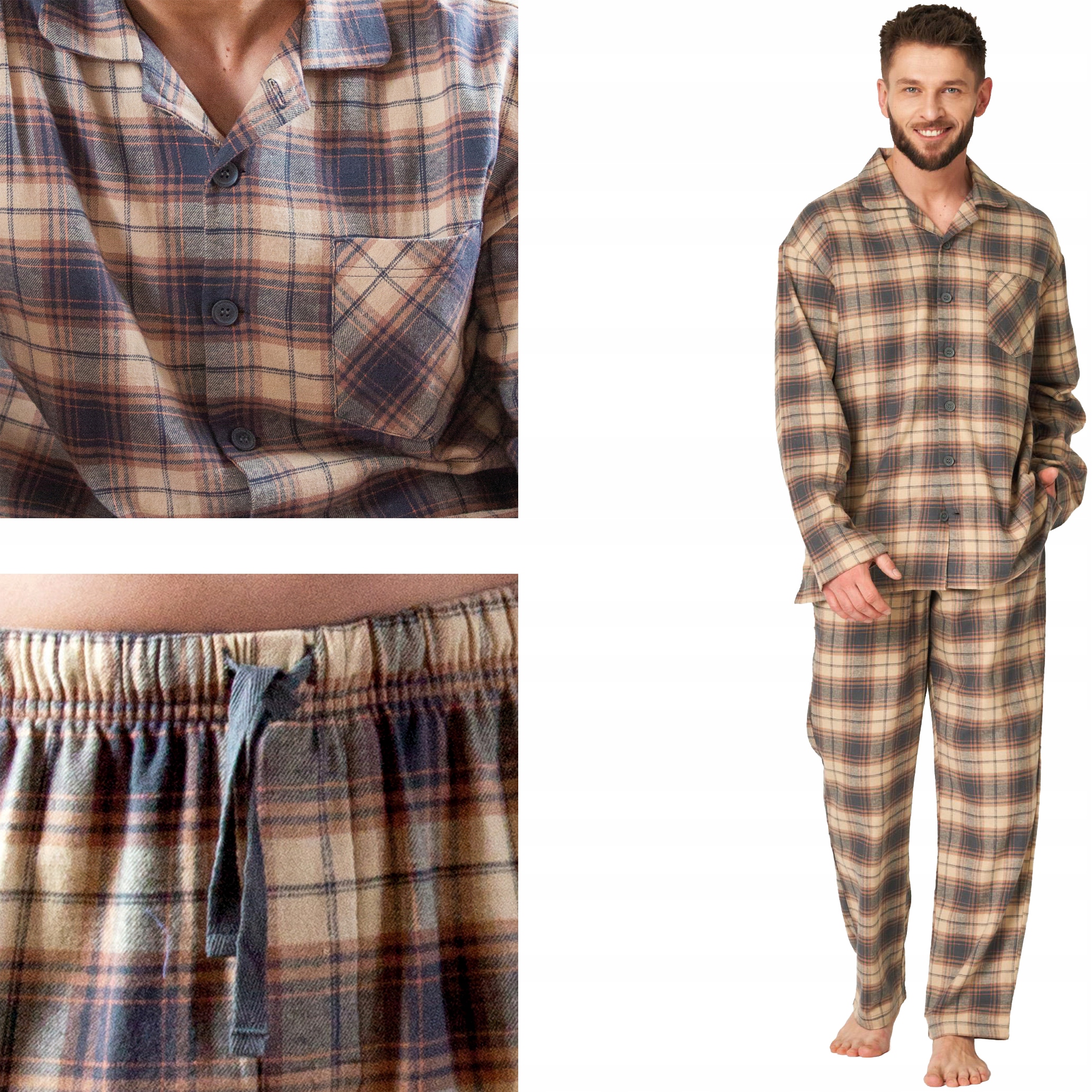Key Pánské pyžamo s dlouhým rukávem Flanelové Rozepínací Mns béžové, vel 4XL
