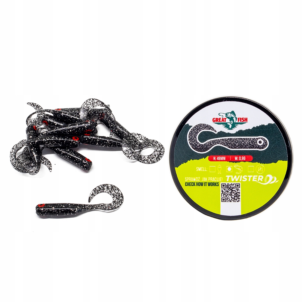 Great Fish GF1 Twister Soft Bait Shrimp Scent Glitter Graphite 10szt. 49mm