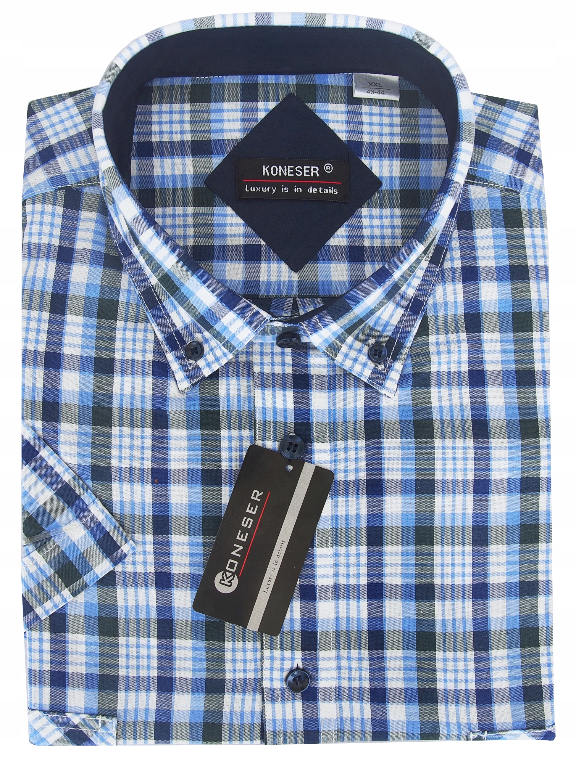 Velká pánská košile s krátkým rukávem 6XL, módní bavlněná kostkovaná tkanina Koneser