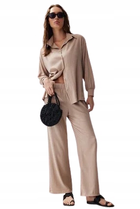 Trendyol Beżowy Luźny Komplet Z Koszulową Bluzą Lniany 36 5AB