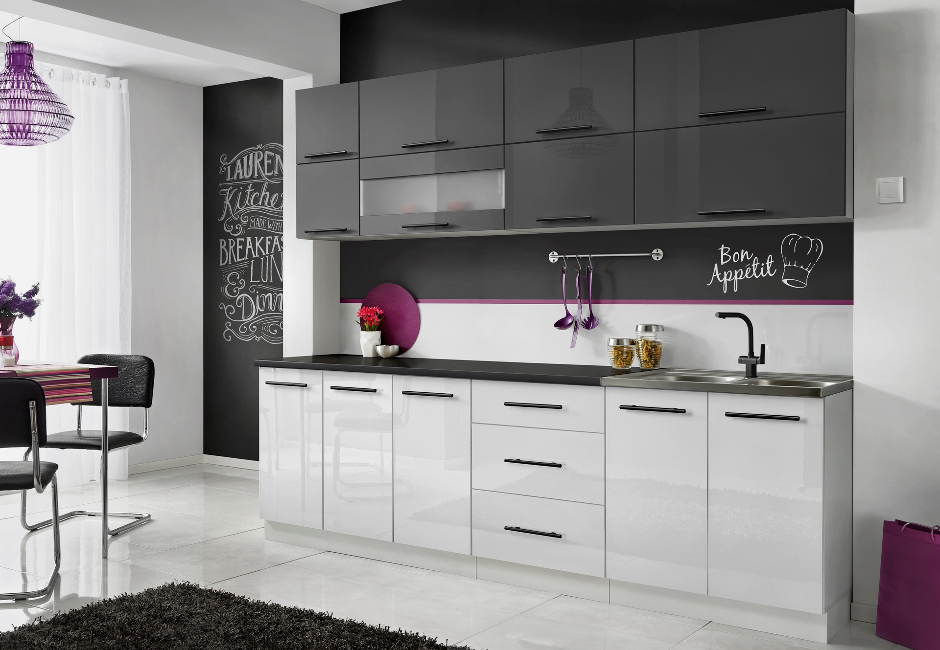 MEBLE KUCHENNE KUCHNIA SZAFKI MODUŁOWE BIAŁY POŁYSK SZARY POŁYSK 2,6M RICO