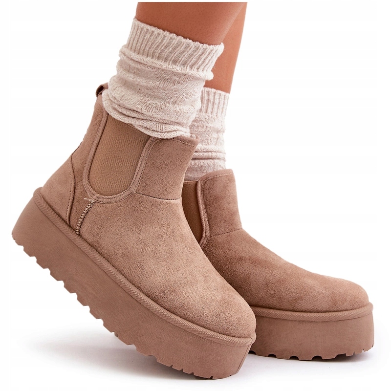 ŚNIEGOWCE DAMSKIE EKO ZAMSZOWE NA PLATFORMIE OCIEPLANE CIEMNOBEŻOWE 37