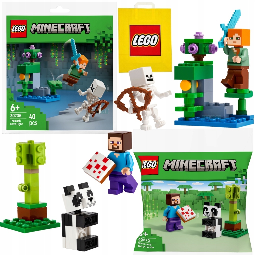 LEGO MINECRAFT STEVE PANDA + WALKA W JASKINI 30705 - 2 ZESTAWY NA PREZENT