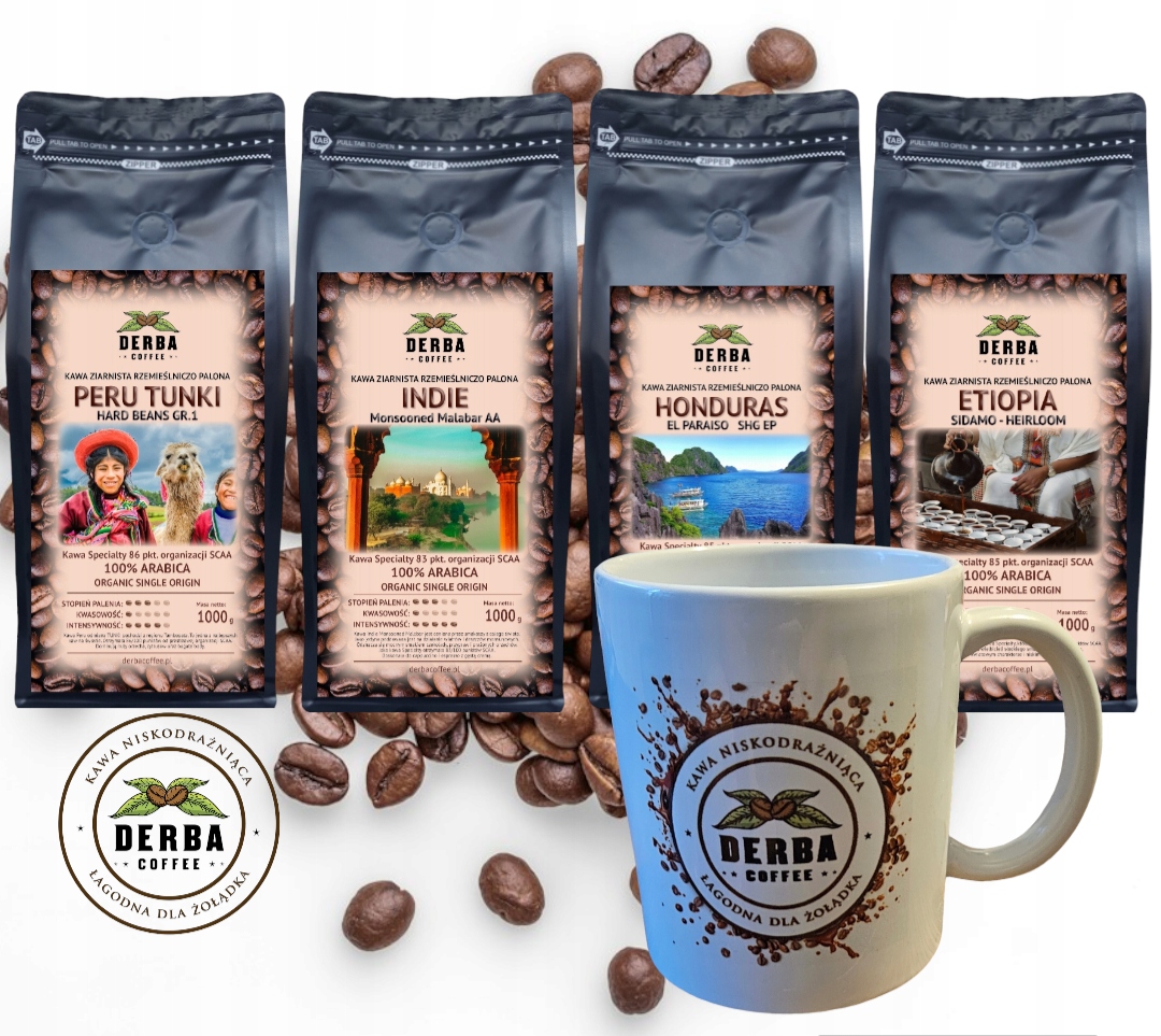 Kawa Niskodrażniąca ziarnista 4kg zestaw kubek Derba Coffee