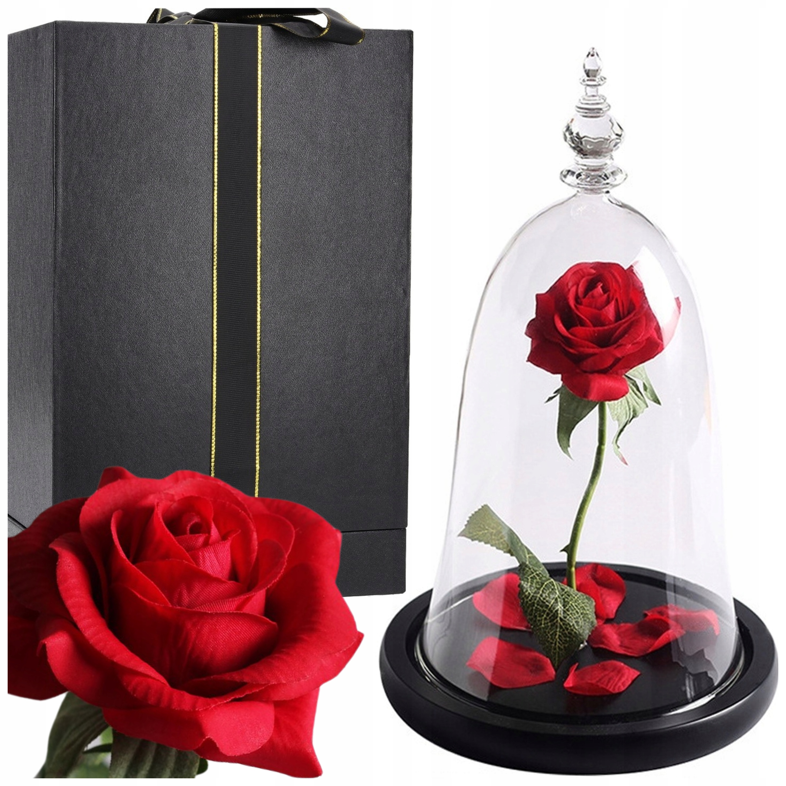 CZERWONA WIECZNA RÓŻA POD KLOSZEM STOŻEK LED KWIAT