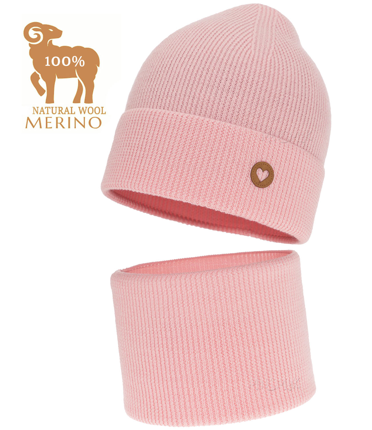 Różowy jasny Komplet Wełna Merino Czapka Komin jesień wiosna Prążek r 50-52