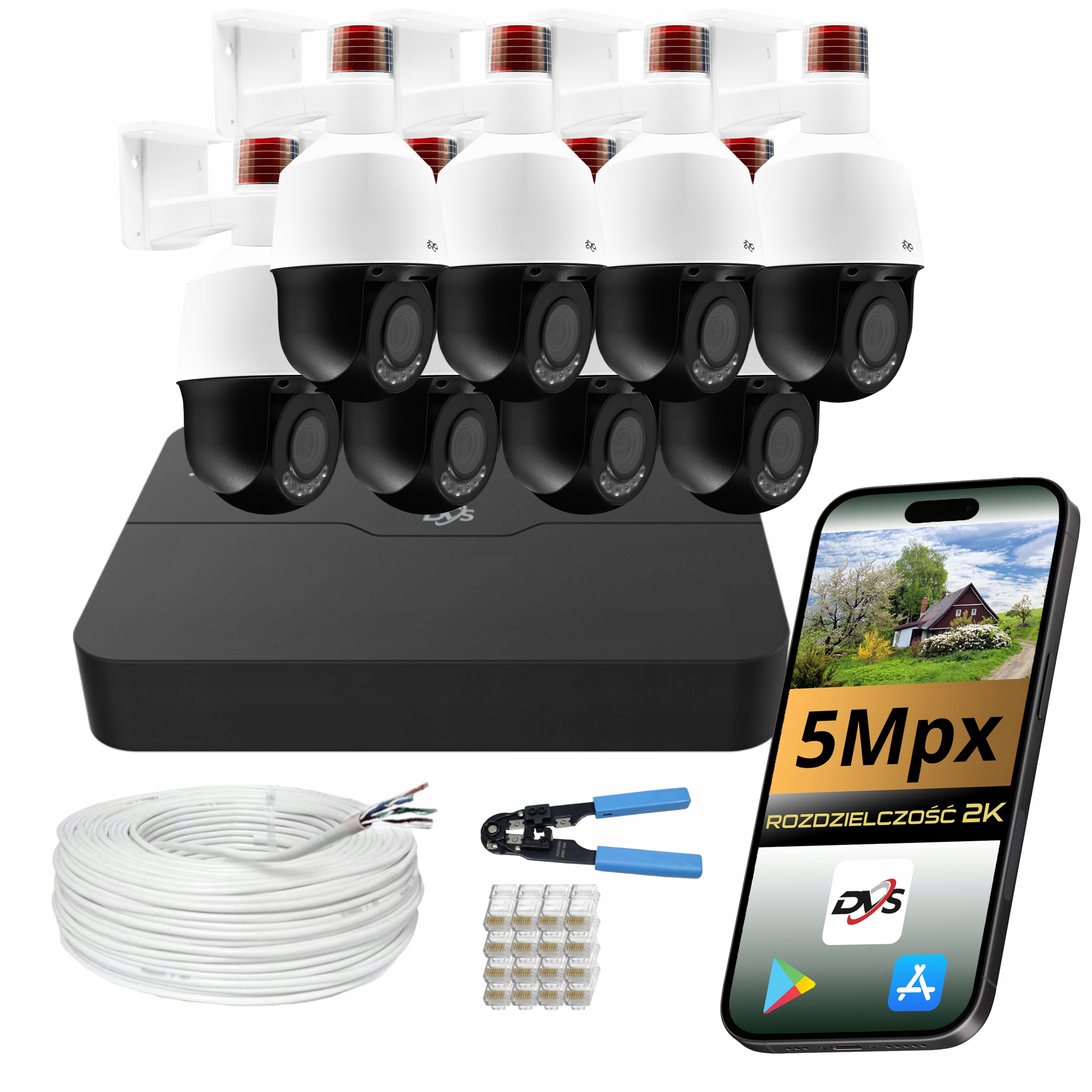 Sada 8 otočných kamer pro monitorování domu 5Mpx Ip PoE Dvs Smart Ai zoom