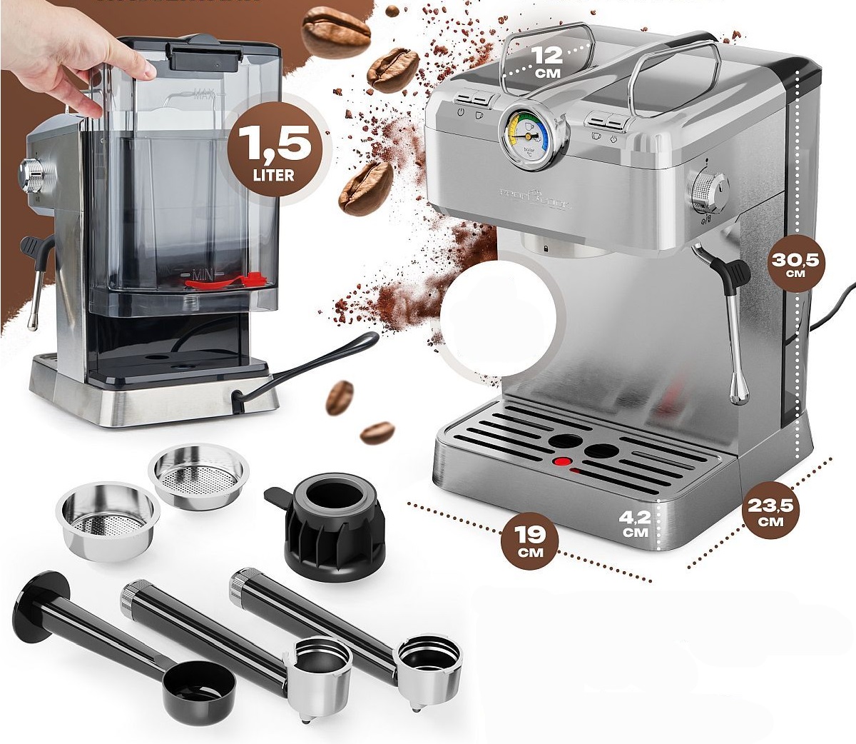 ProfiCook Es-ka 1267 espresso 2v1 (20 barů),pákové, nástavec na kapsle