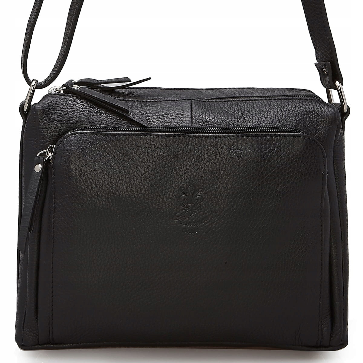 

Dwukomorowa skórzana torebka listonoszka czarna.