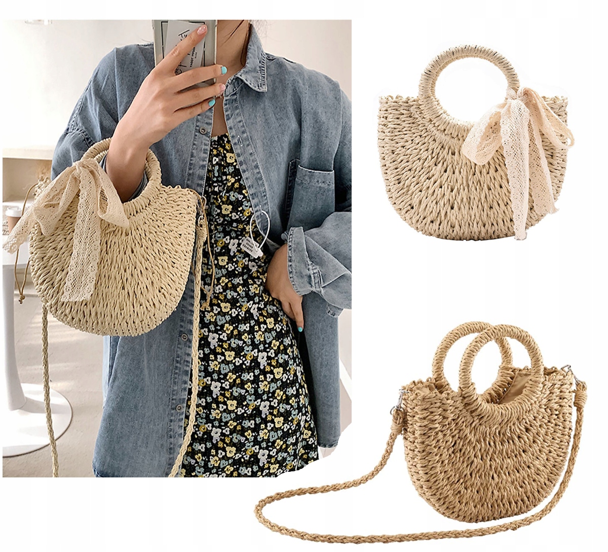 KOSZYK DO RĘKI TOREBKA NA RAMIĘ ODPINANY PASEK PLECIONA STYL ETNO KOKARDA Kolor beżowy