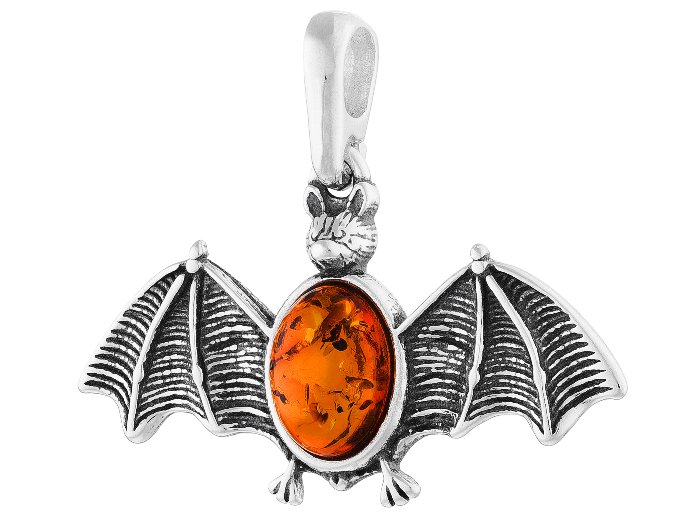 Stříbrný Přívěsek Netopýr s Jantarem Oxidovaný Závěs Gacek Stříbro