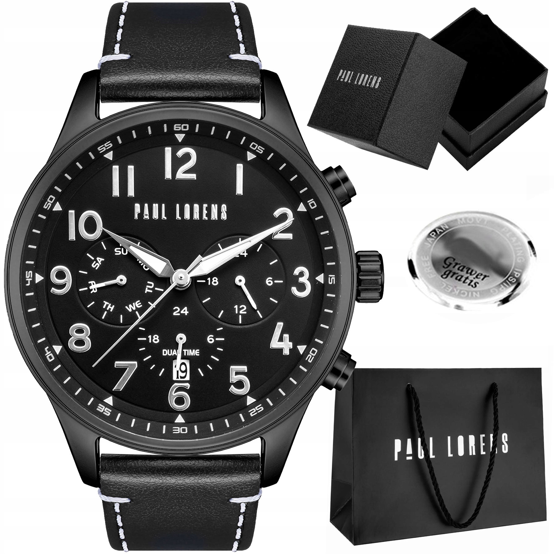 Kožený pánské hodinky Paul Lorens Bayas s datumovkou 24hodinový čas Gravírování