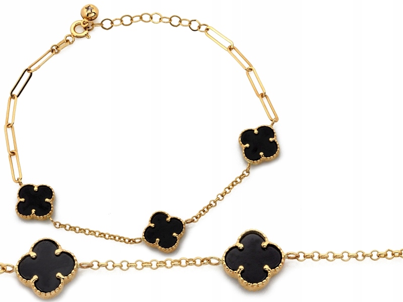 Zlatý náramek 585, tři černé květy, syntetické kameny, r20 dárek