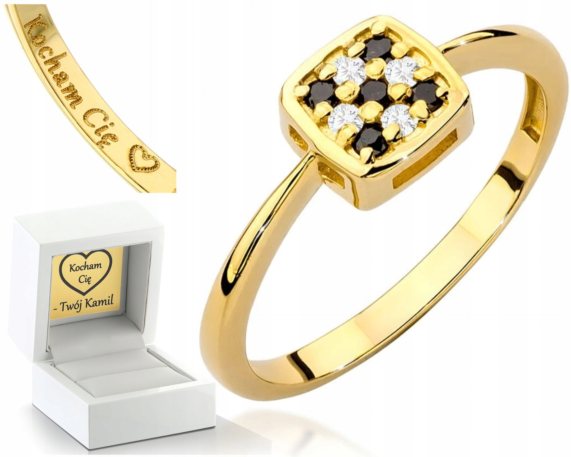 Zlatý Prstýnek S Černými A Bílými Brilianty Gravírování