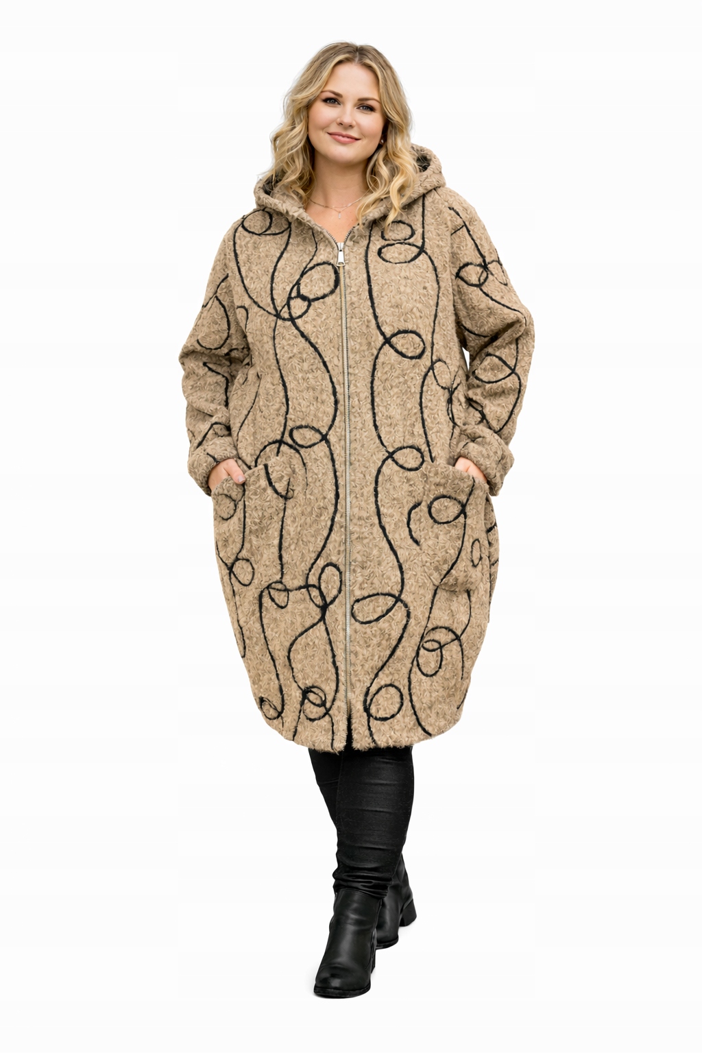 Dámský kabát plus size s kapucí teplá vlna, měkký vzor 50 52 5XL 6XL