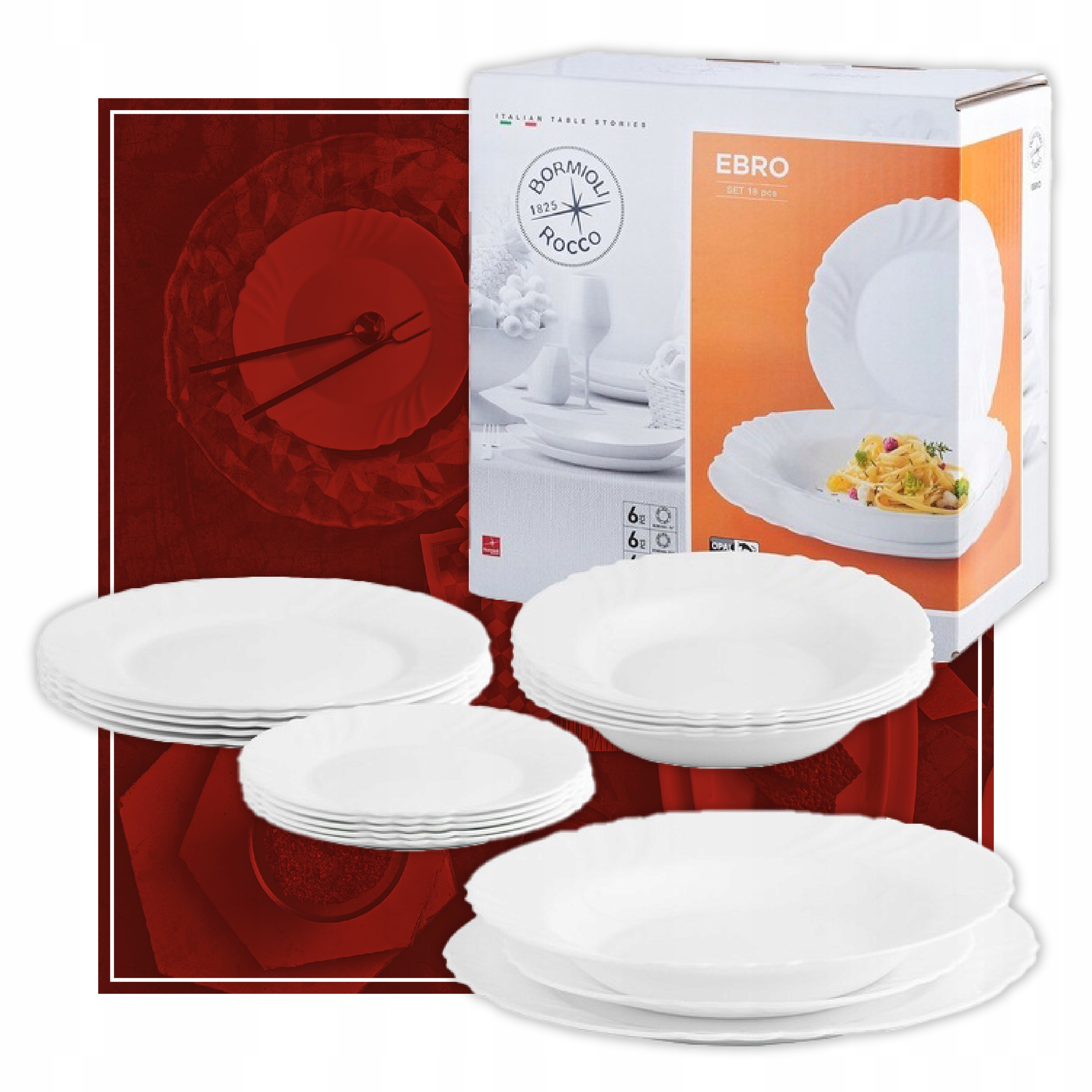 Komplet talerzy serwis Bormioli Rocco Ebro 18 el. Liczba osób 6