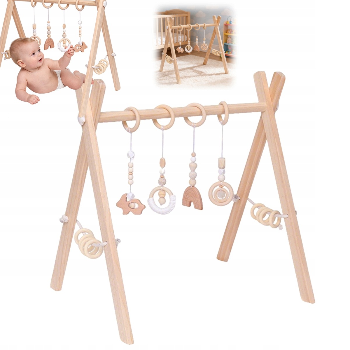Stojak Gimnastyczny edukacyjny drewniany Baby Gym zawieszki