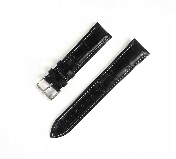 Czarny Skórzany Pasek do Zegarka 22mm Białe Obszycie Wzór Skóry Krokodyla