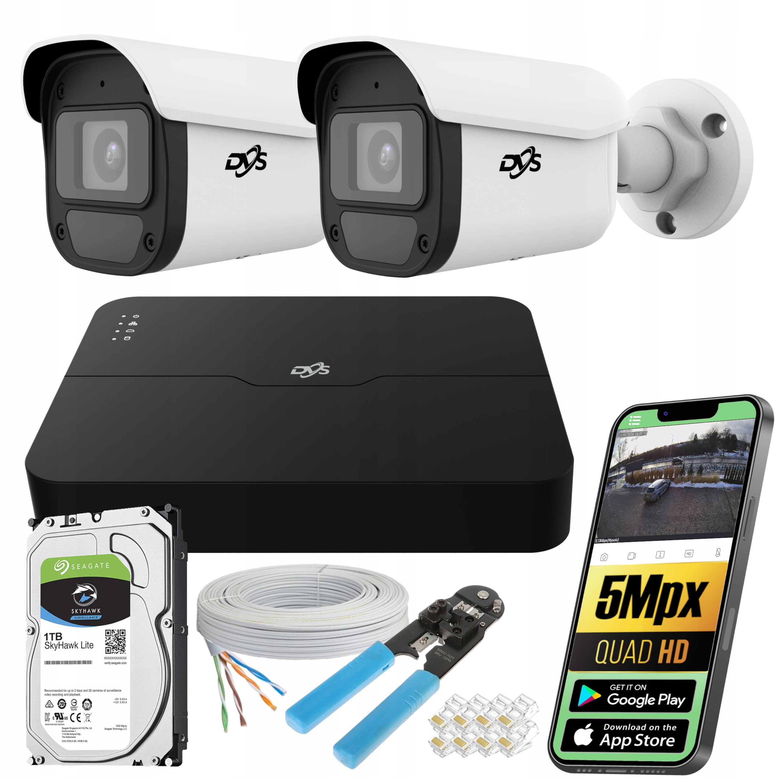 ZESTAW DO MONITORINGU IP POE 2 KAMERY ZEWNĘTRZNE 5Mpx DVS DETEKCJA 1TB