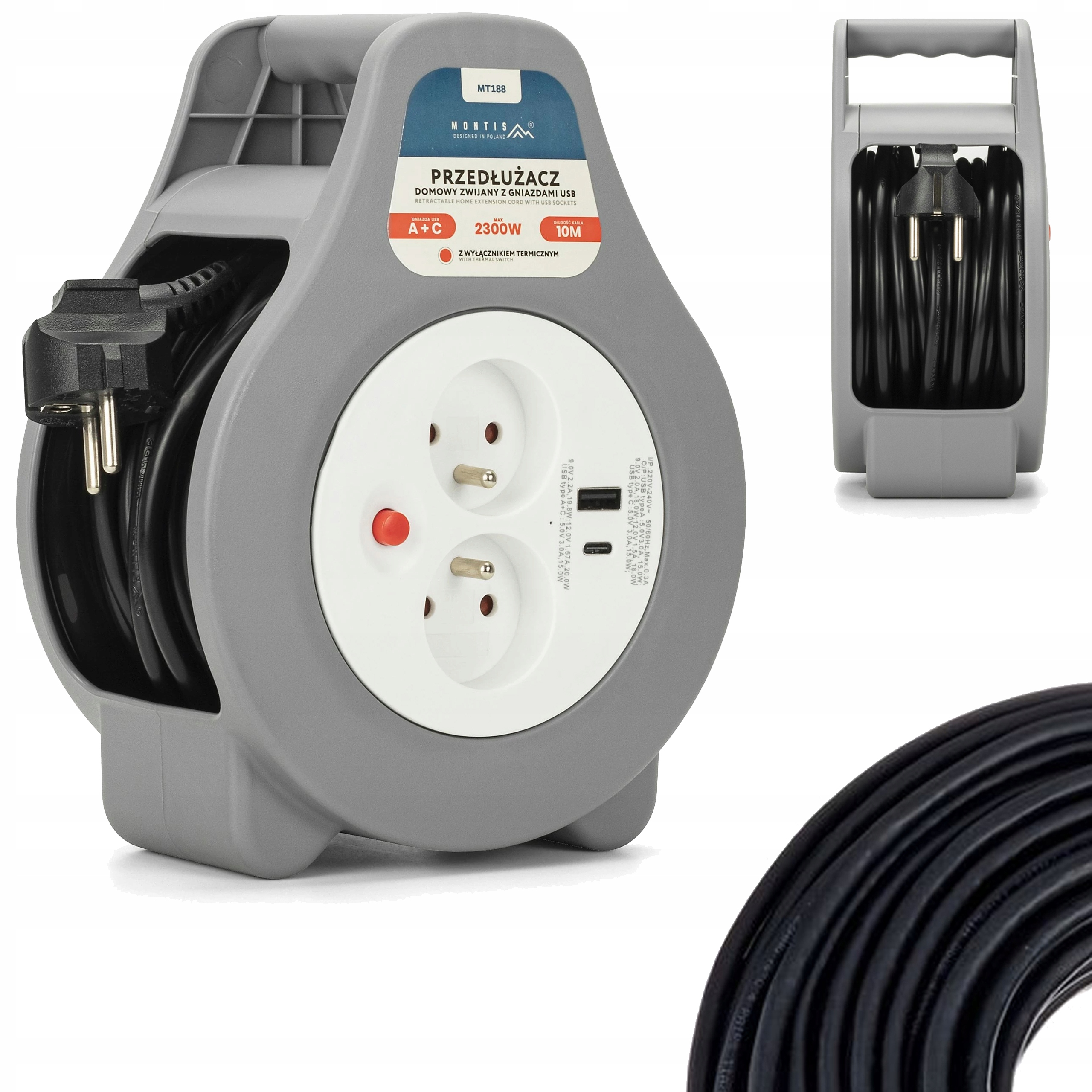 Przedłużacz Bębnowy 2x230V 2x Usb-c 20W Qc 3.0 Zwijany 10 Metrów 3x1,0mm2