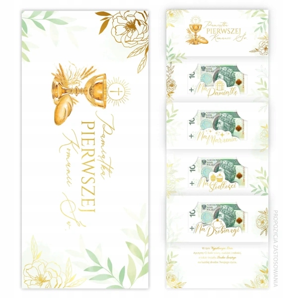 KARNET NA BANKNOTY KOMUNIA ŚWIĘTA ZŁOTO ZIELEŃ PAMIĄTKA KOMUNII