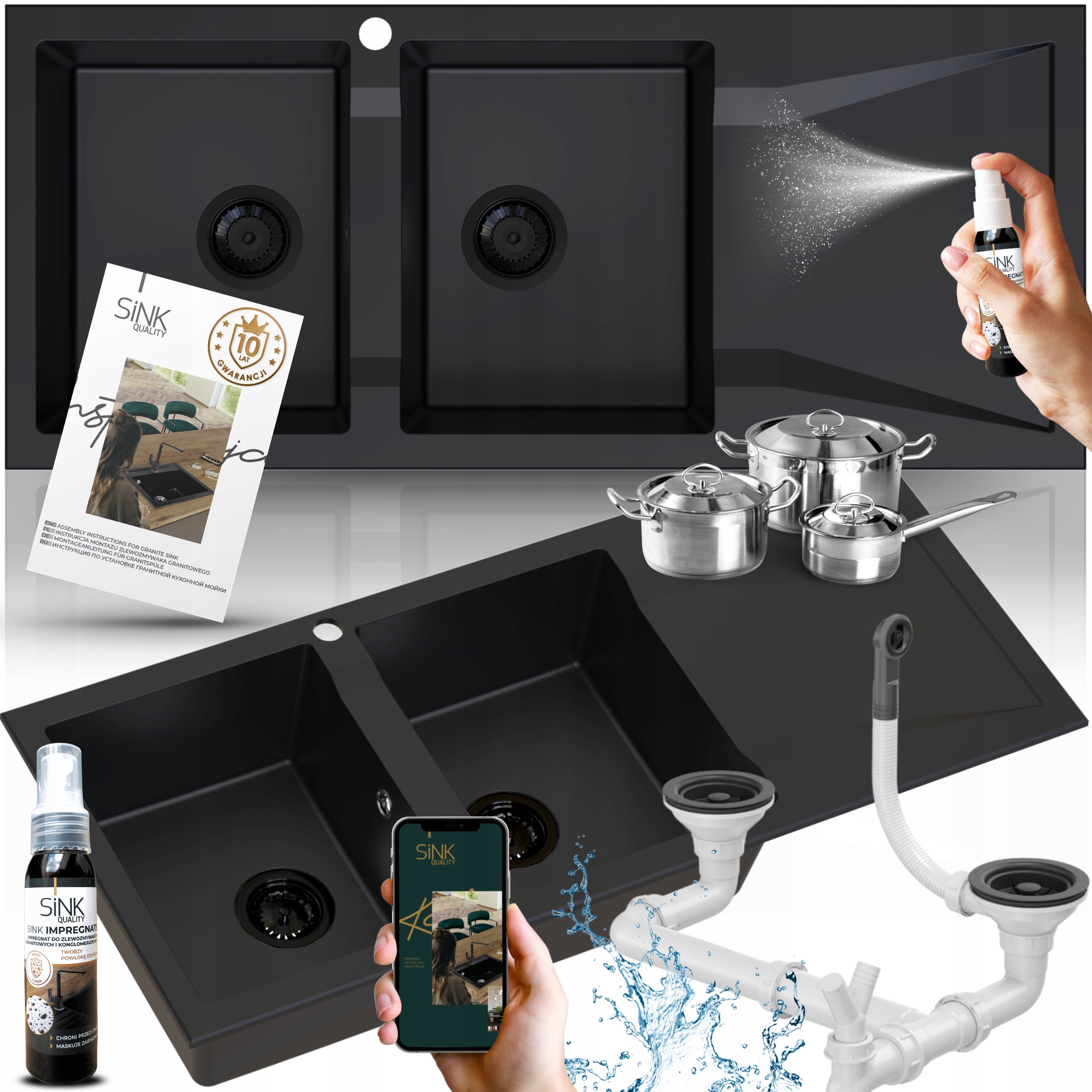 Granitový drez čierny 2 Komorový s odkvapkávačom 120x50, skrinka 80