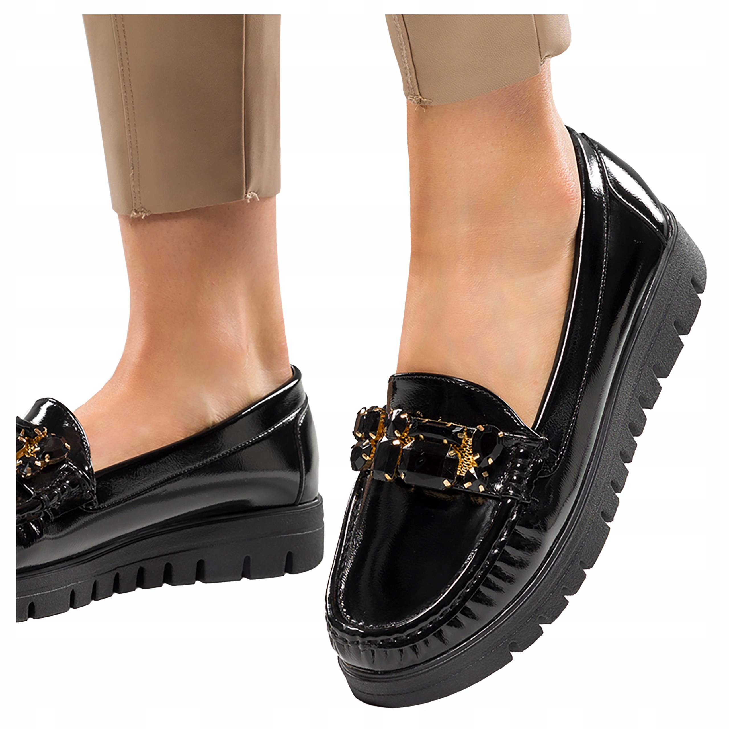 Mokasíny Černé Dámské Lakované Běžící platforma Pohodlné r 39
