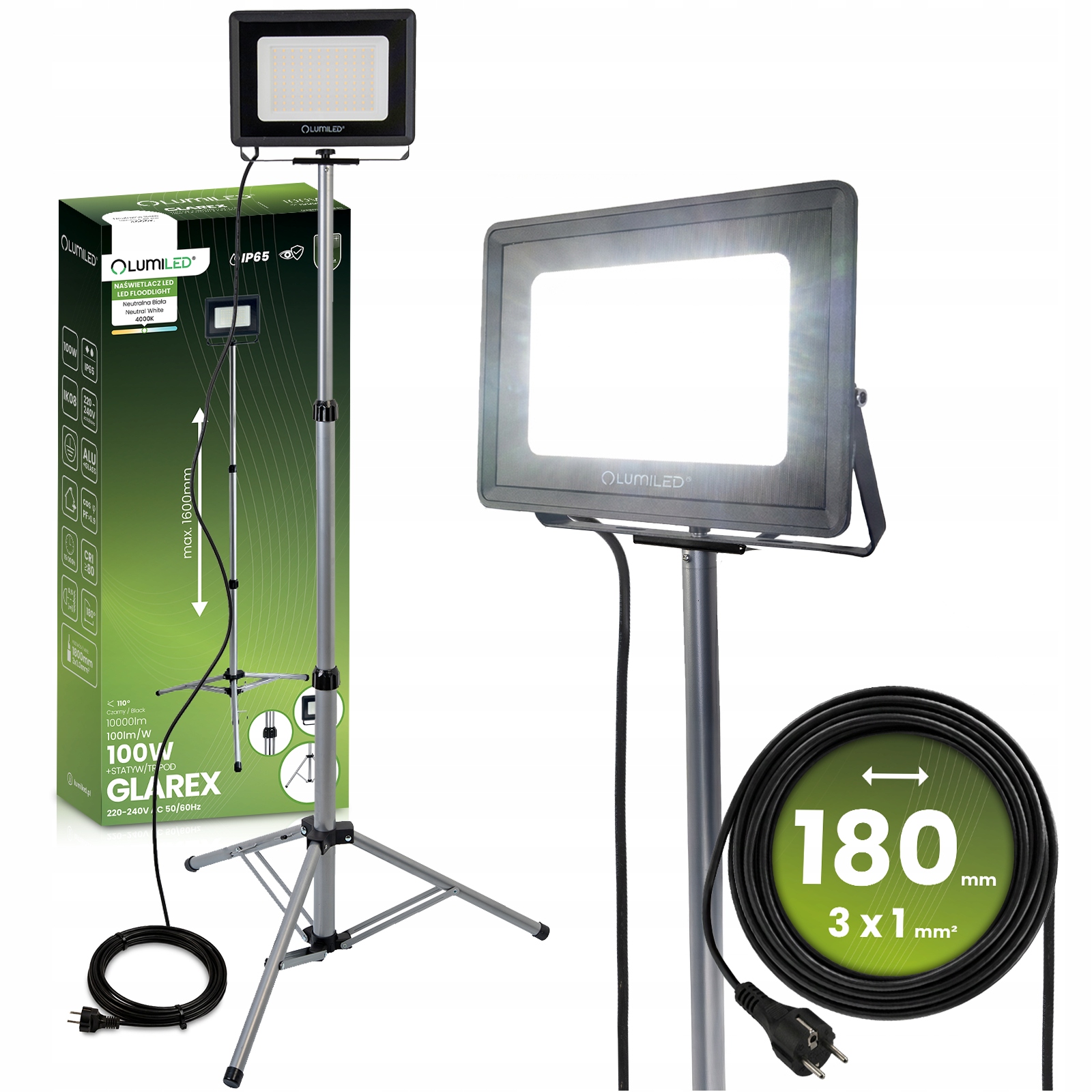 Osvětlovač 100W Stojan Stativová pracovní lampa Halogen Stavební s zástrčkou