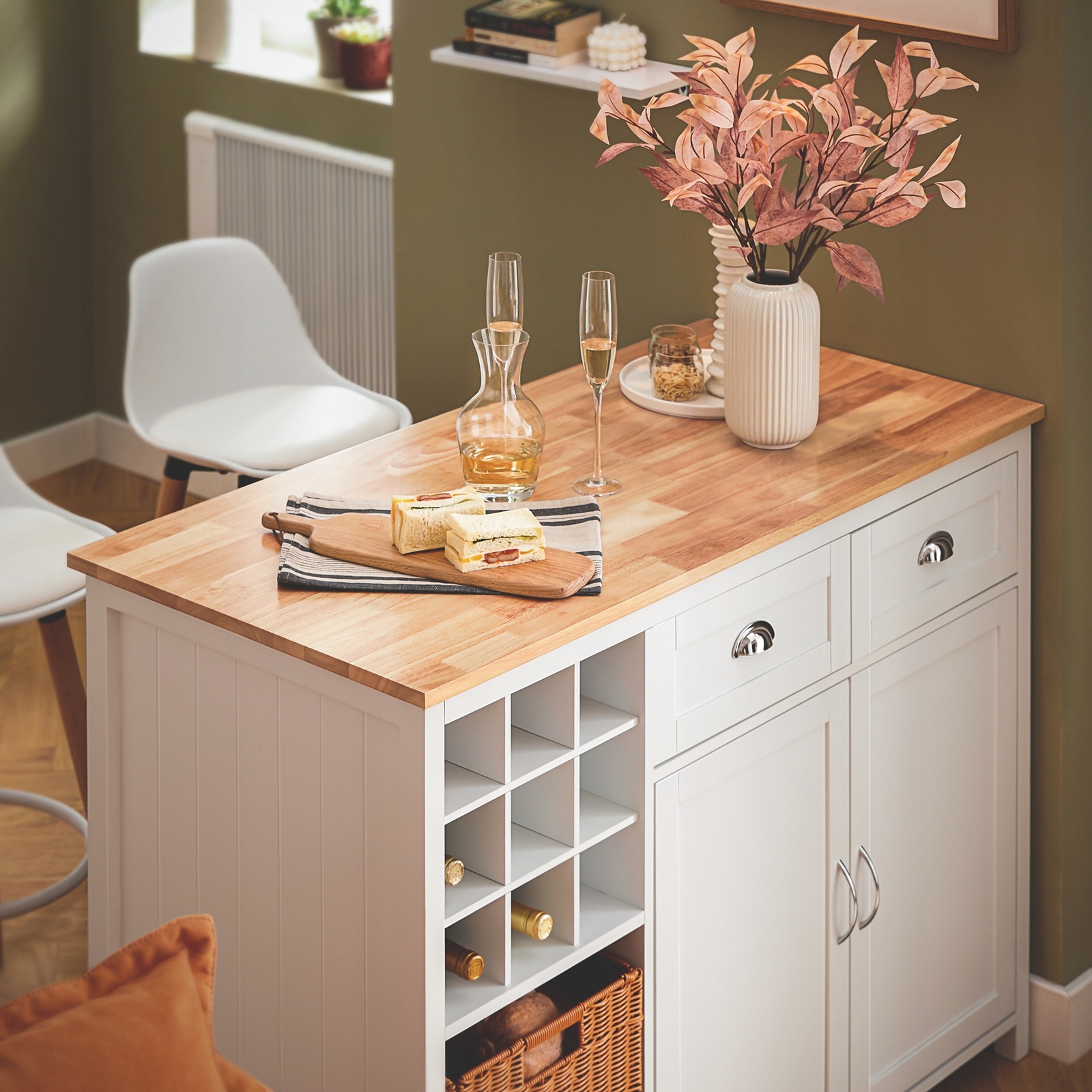 Wyspa kuchenna Szafka Stół Kredens regał na wino z 2 kosze KNL05-W Materiał płyta MDF