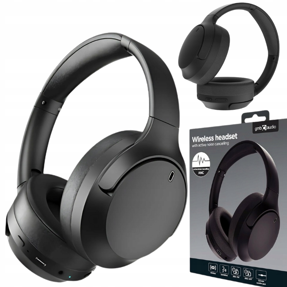 Bezdrátová sluchátka přes uši Bluetooth Mikrofon Anc Černá Lehké Stereo