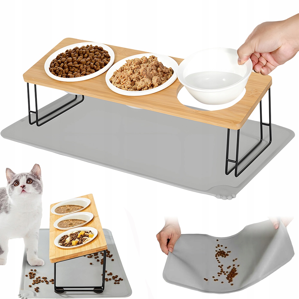 Levně Keramická Miska Dvojitá Pro Psa A Kočku, 3 Misky, Dřevěná Základna