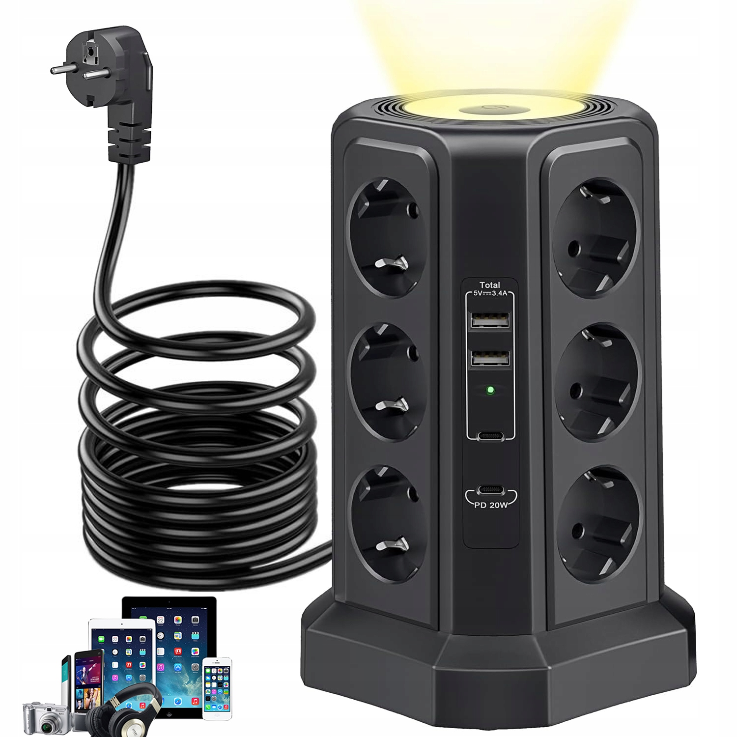 12 zásuvek Zásuvková Lišta 2 Usb-c a 2 Usb-a 4000 W 2 m s Led osvětlením