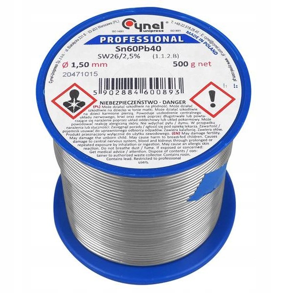 Cyna Spoiwo lutownicze 1,5mm 0,5kg SN60PB40 Cynel do lutowania
