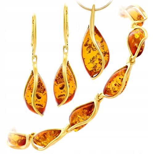 Zlatý Komplet přívěsek náušnice náramek ze Stříbra pozlacený s Jantarem