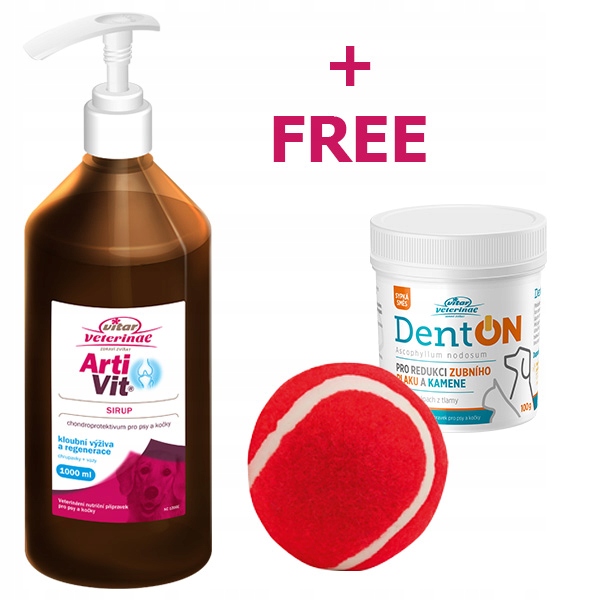 Vitar Veterinae ArtiVit Sirup 1000 ml DentON 100 g Hračka pro psy Míč Červený Zdarma