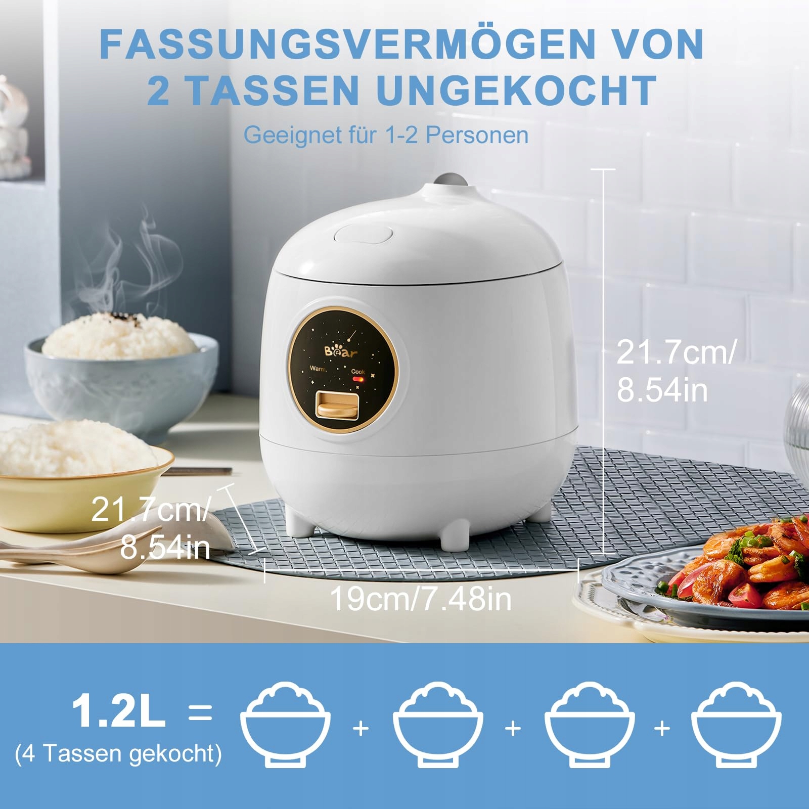BEAR Mini Ryżowar 1.2L BPA Free Powłoka Nieprzywierająca Biały — miniatura 4