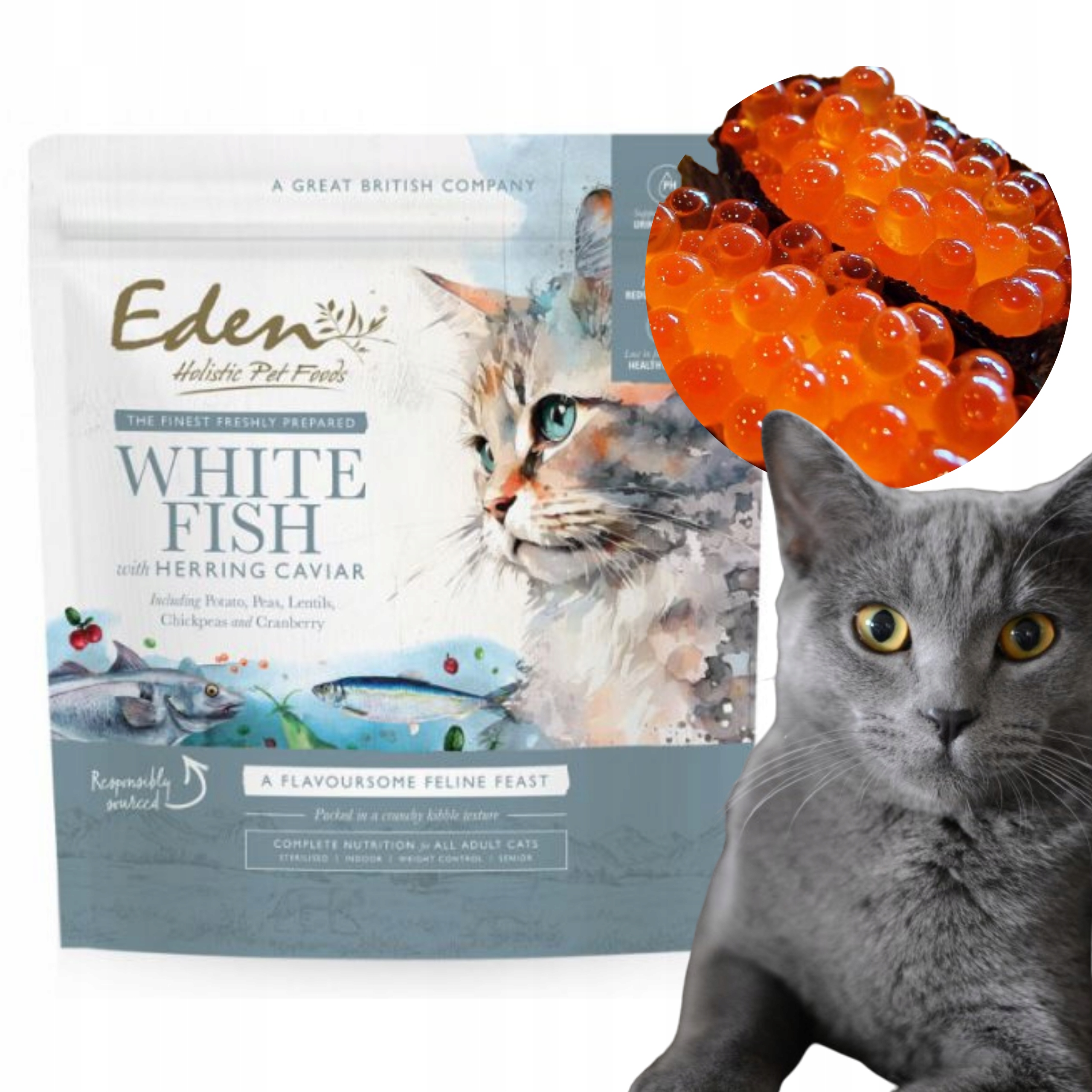 Levně Eden White Fish With Herring Caviar Suché Krmivo Pro Kočky Sleď Kaviár 1,5 kg