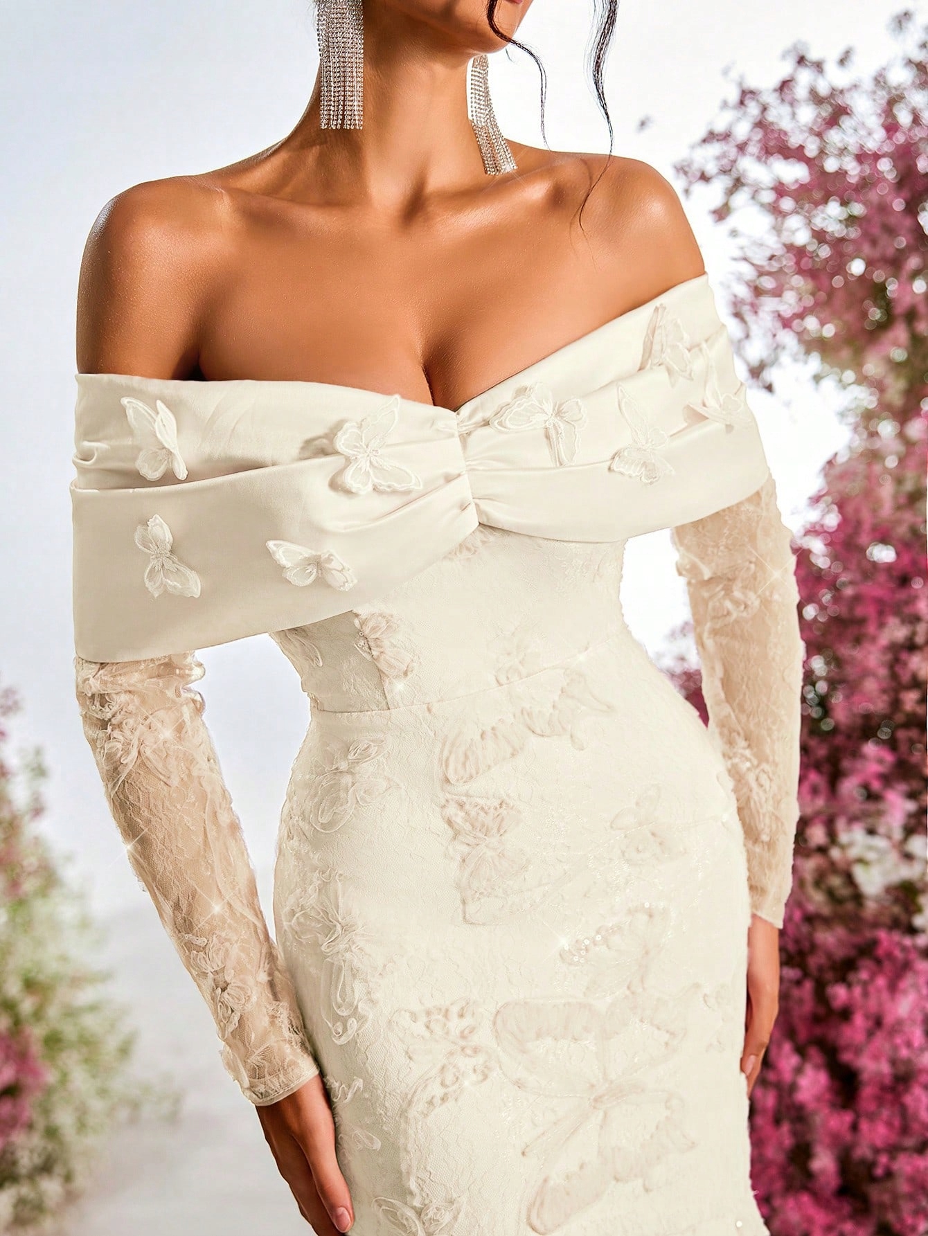 Šaty Krajkové Siréna Béžová Maxi Odhalená Ramena Večerní Shein L 40