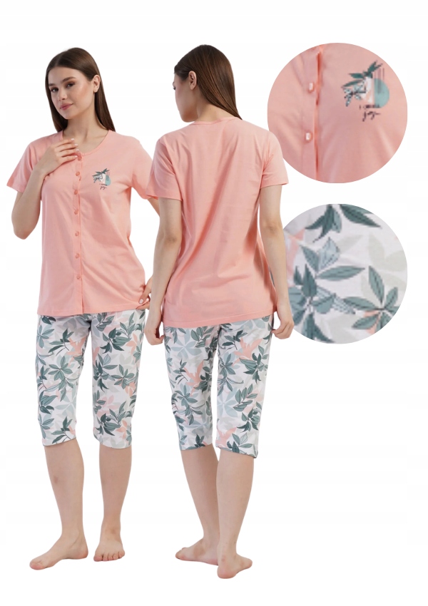 Piżama Damska Vienetta XXL Bawełniana Krótki Rękaw Spodnie 3/4 Na Guziki