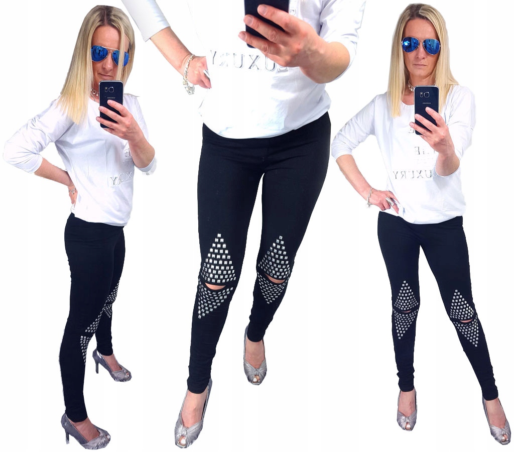 

Spodnie Legginsy Rurki Ćwieki Ripped Getry Dziury