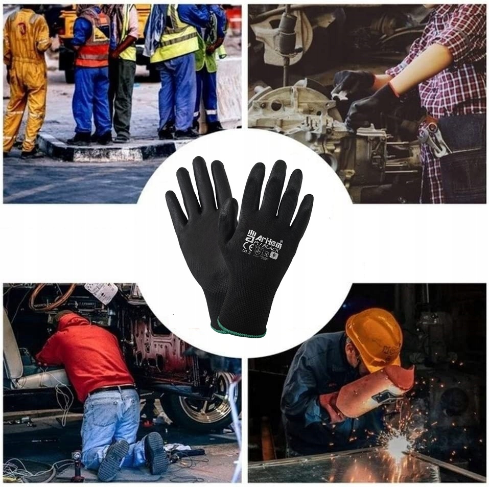 12 PAR Rękawice Robocze Rękawiczki Powlekane Czarnym Poliuretanem r.6-XS Model PU BLACK