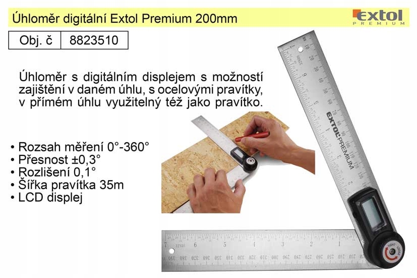 Úhloměr digitální Extol Premium (8823510) 200mm, s pravítkem, nerez