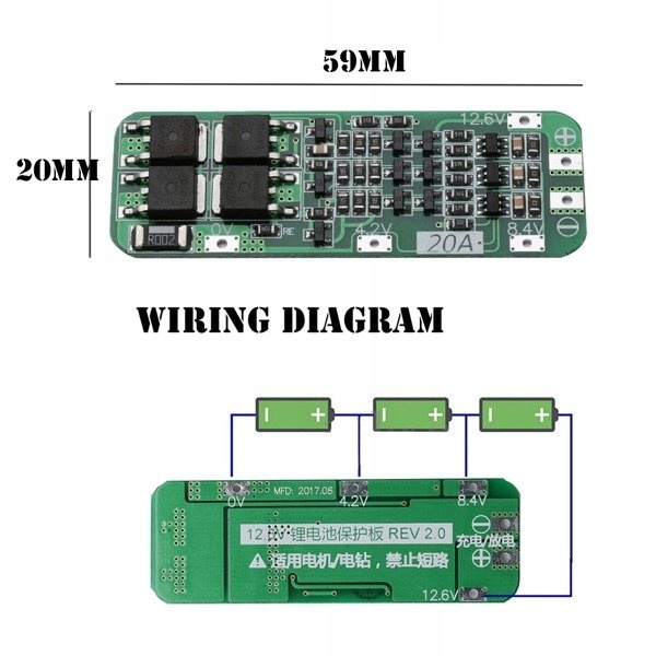 Moduł BMS PCM PCB ładowania i ochrony ogniw Li-ion - 3S - 12V - 20A Kod producenta BMS 3S 20A