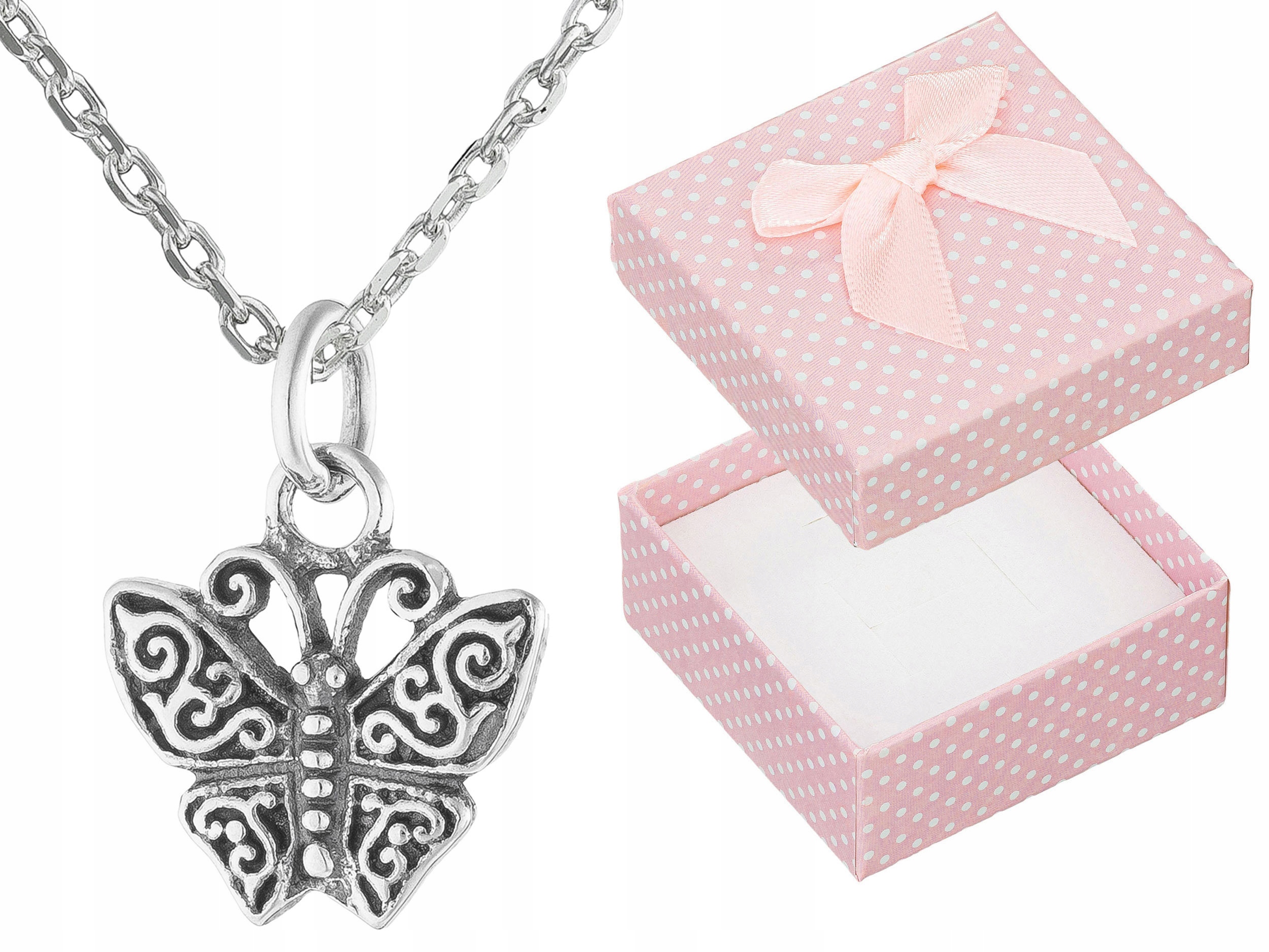 Dlouhý Stříbrný Oxidovaný Dámský Náhrdelník Malý Motýlek Motýl Choker 65 cm