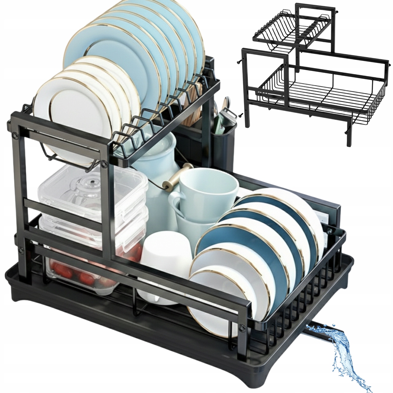Levně odkapávač na nádobí Dvouúrovňová Černá Odkapávač Stojanový organizér s odtokem